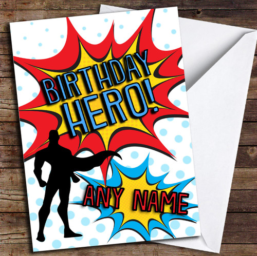 Birthday Hero Superhero Comic Personalized Birthday Card - Red Heart Print