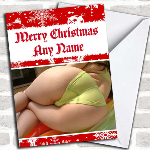 Cheeky Bum Funny Personalized Christmas Card - Red Heart Print