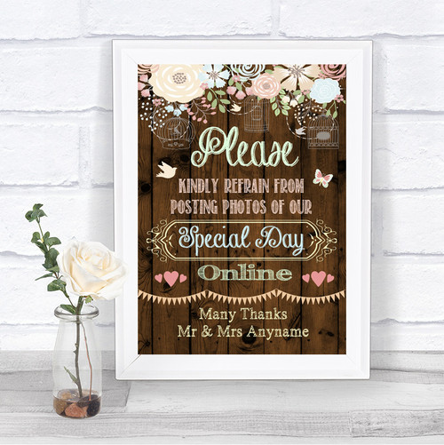 Rustic Floral Wood Don't Post Photos Facebook Personalised Wedding Sign 