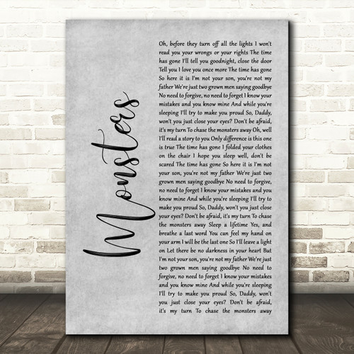 James Blunt Monsters Grey Rustic Script Song Lyric Wall Art Print - Red  Heart Print