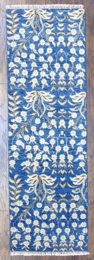 Transitional Flower Design 2'6"x8'0" Hand-knotted Rug -w412