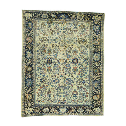 Antique Wool Hand Knotted Rug Yellow Navy Blue 9.4X11.10 -O034432