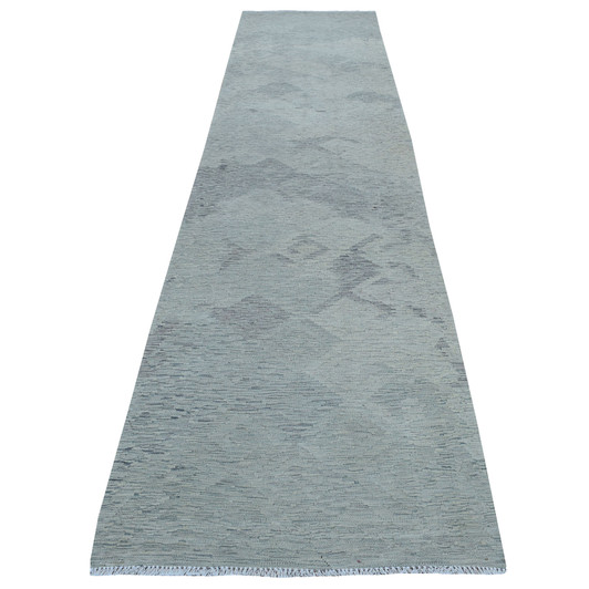 Flat Weave Wool Hand Woven Rug Grey Tidal Foam 3.1X14.0 -O053819