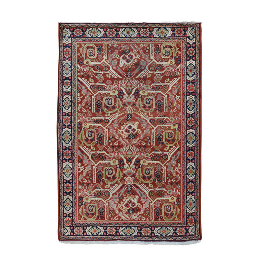 Antique Wool Hand Knotted Rug Red Navy Blue 4.1X6.7 -O049054