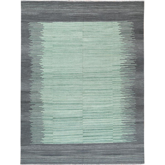 Flat Weave Wool Hand Woven Rug Green Dark Gray 8.2X10.1 -O060025