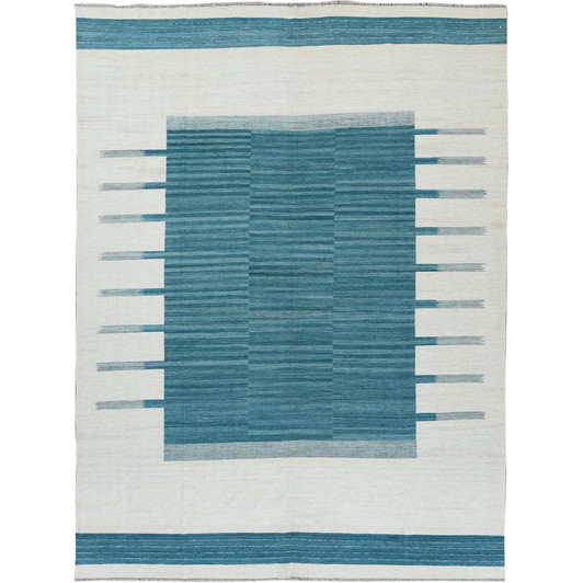 Flat Weave Wool Hand Woven Rug Teal No Border 9.5X11.9 -O060058