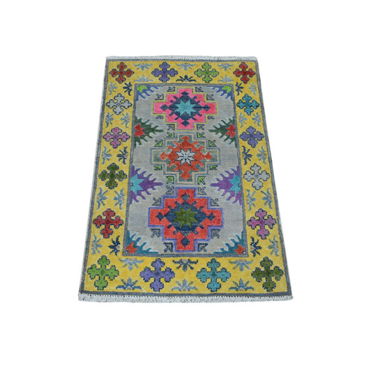Kazak Wool Hand Knotted Rug Grey Yellow 1.10X2.9 -O055596
