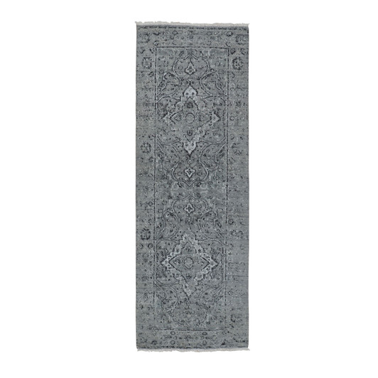 Transitional Wool & Silk Hand Knotted Rug Grey No Border  2.10X8.0 -O058022