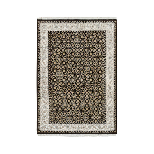 Fine Oriental Wool Hand Knotted Rug Black Ivory 4.1X6.0 -O065348