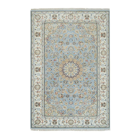 Fine Oriental Wool Hand Knotted Rug Blue Ivory 5.0X8.1 -O065283