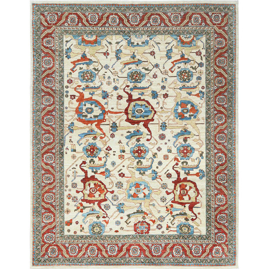 Heriz Wool Hand Knotted Rug Ivory Red 9.0X11.4 -O085033