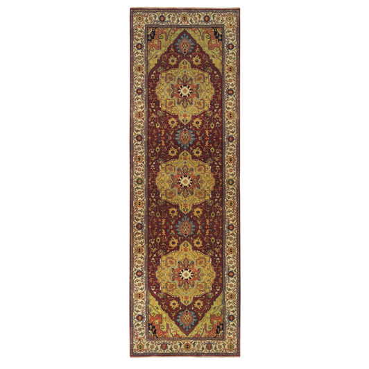 Heriz Wool Hand Knotted Rug Red Cream 3.10X12.1 -O065499