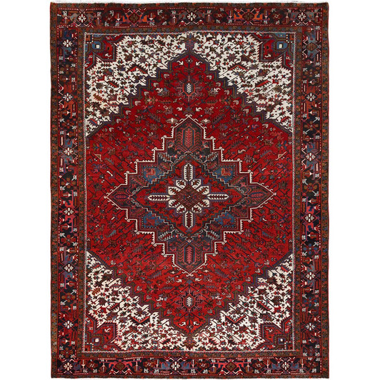 Heriz Worn Wool Hand Knotted Rug Red Black 9.9X13.3 -O085682