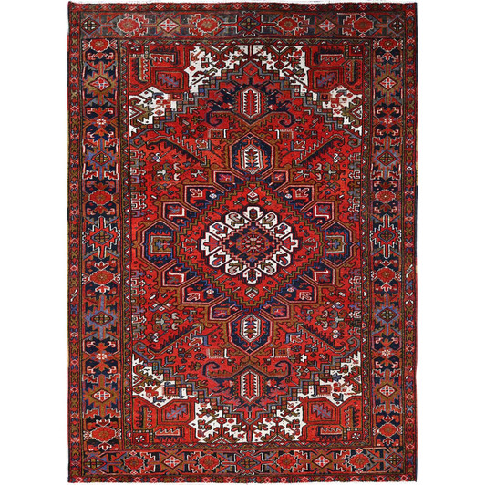 Heriz Worn Wool Hand Knotted Rug Red Yale Blue 7.9X11.0 -O085577