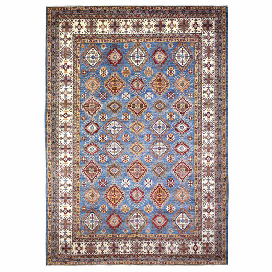 Kazak Wool Hand Knotted Rug Blue Ivory 9.0X12.8 -O072050