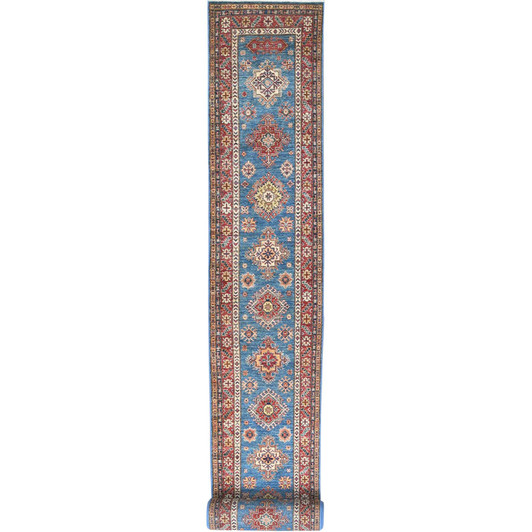 Kazak Wool Hand Knotted Rug Blue Red 2.7X34.0 -O082602