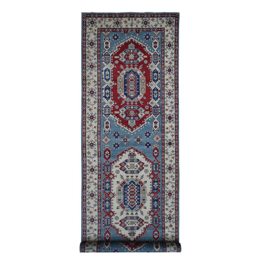 Kazak Wool Hand Knotted Rug Blue White 5.3X19.9 -O087986