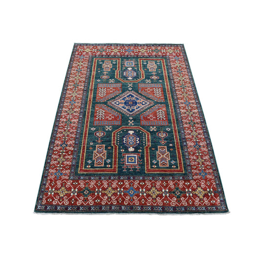 Kazak Wool Hand Knotted Rug Green Red 5.4X7.9 -O080319