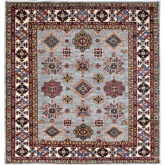 Kazak Wool Hand Knotted Rug Grey Ivory 5.11X6.2 -O086891