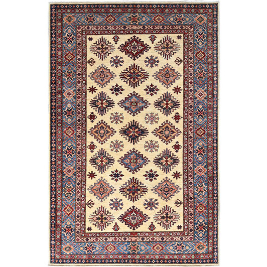 Kazak Wool Hand Knotted Rug Ivory Blue 5.11X9.3 -O086559