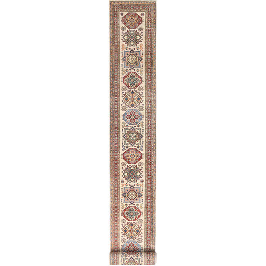 Kazak Wool Hand Knotted Rug Ivory Red 2.9X35.8 -O085291