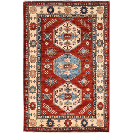 Kazak Wool Hand Knotted Rug Red Ivory 3.11X5.11 -O086321