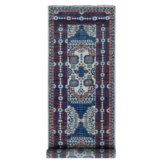 Mamluk Wool Hand Knotted Rug Ivory Denim Blue 4.1X14.0 -O087696
