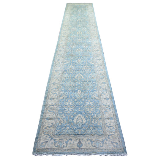 Oushak And Peshawar Wool Hand Knotted Rug Blue Cream 2.8X15.2 -O074133