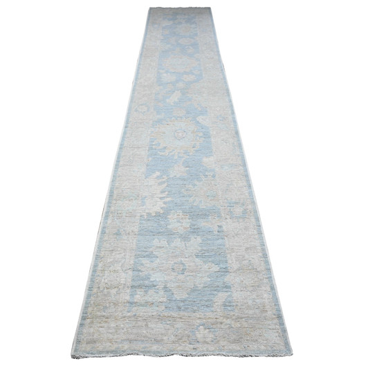 Oushak And Peshawar Wool Hand Knotted Rug Blue Gray 2.9X15.4 -O089681