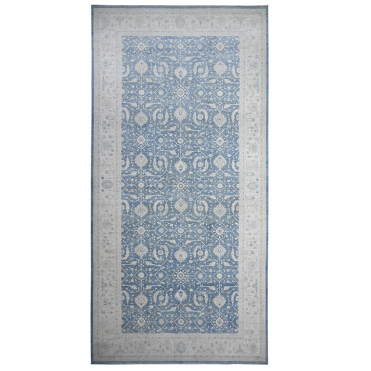 Oushak And Peshawar Wool Hand Knotted Rug Blue Ivory 9.10X20.3 -O089473