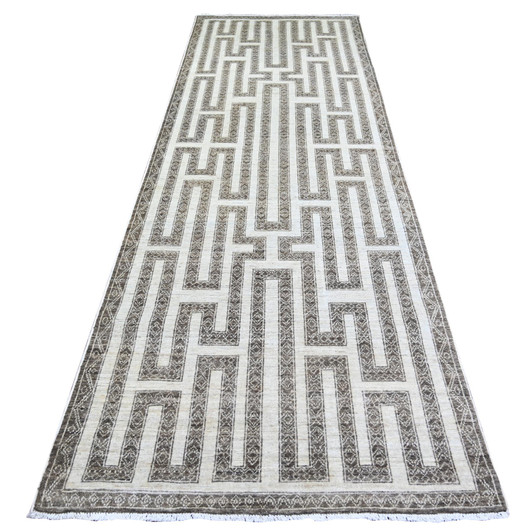 Oushak And Peshawar Wool Hand Knotted Rug Brown Brown 4.0X11.8 -O074266