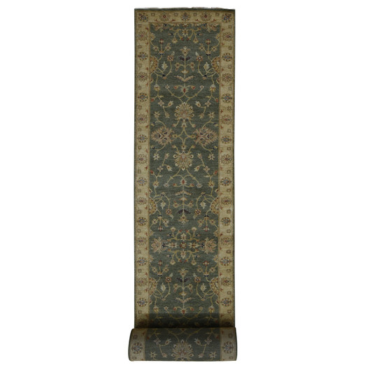 Oushak And Peshawar Wool Hand Knotted Rug Green Beige 3.6X32.2 -O087634