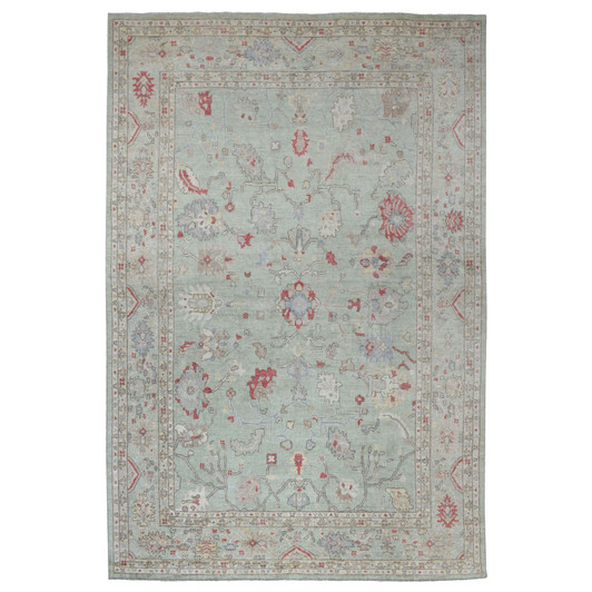 Oushak And Peshawar Wool Hand Knotted Rug Green Gray 11.9X17.3 -O069373