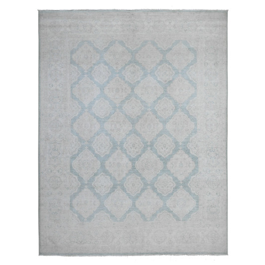 Oushak And Peshawar Wool Hand Knotted Rug Green Ivory 8.0X10.4 -O089541