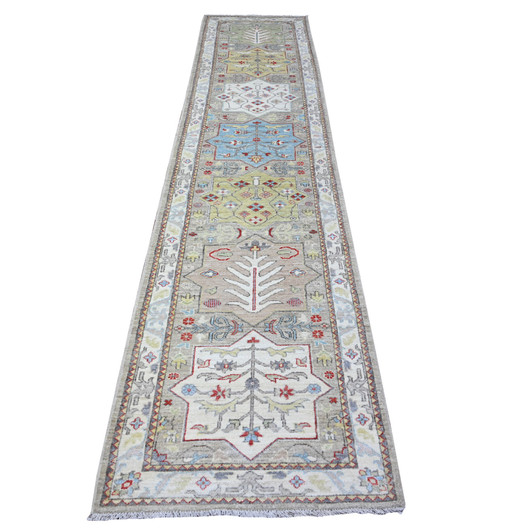 Oushak And Peshawar Wool Hand Knotted Rug Grey Link White 2.8X12.1 -O088546