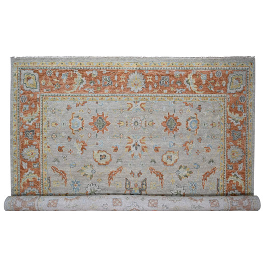 Oushak And Peshawar Wool Hand Knotted Rug Grey Rust Red 14.0X18.1 -O084130
