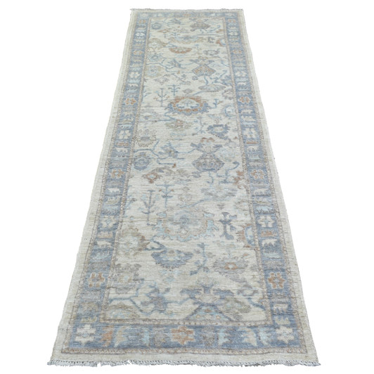Oushak And Peshawar Wool Hand Knotted Rug Ivory Blue  2.10X9.5 -O071891