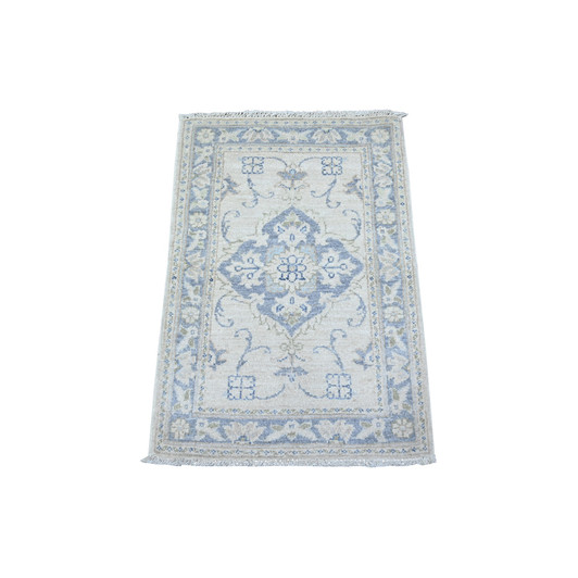 Oushak And Peshawar Wool Hand Knotted Rug Ivory Blue 1.10X3.0 -O088424