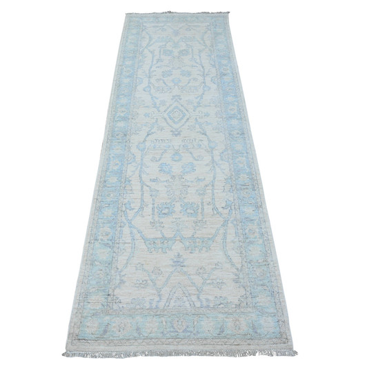 Oushak And Peshawar Wool Hand Knotted Rug Ivory Blue 2.7X8.2 -O089032