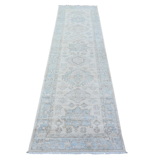 Oushak And Peshawar Wool Hand Knotted Rug Ivory Blue 2.7X9.5 -O088636