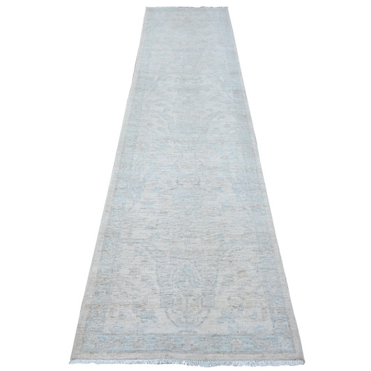 Oushak And Peshawar Wool Hand Knotted Rug Ivory Blue 2.8X11.1 -O089031