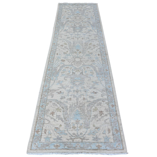 Oushak And Peshawar Wool Hand Knotted Rug Ivory Blue 2.8X9.6 -O088360