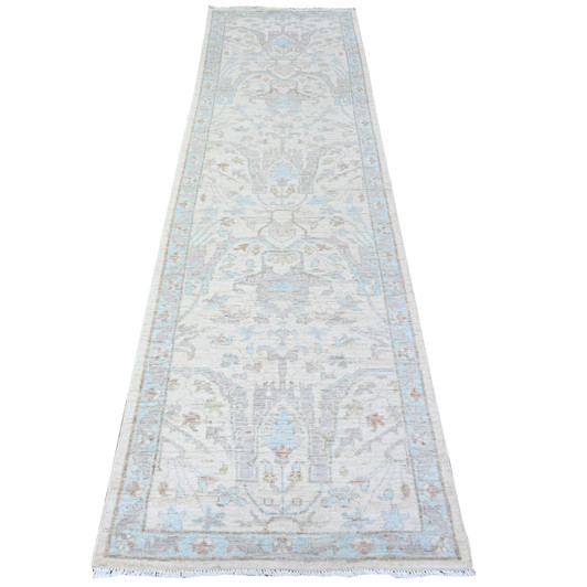 Oushak And Peshawar Wool Hand Knotted Rug Ivory Blue 2.8X9.6 -O088364