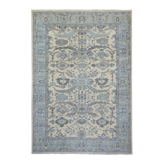 Oushak And Peshawar Wool Hand Knotted Rug Ivory Blue 6.2X8.9 -O070943