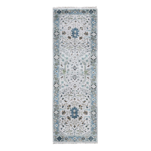 Oushak And Peshawar Wool Hand Knotted Rug Ivory Blueish Gray 2.5X7.9 -O010089