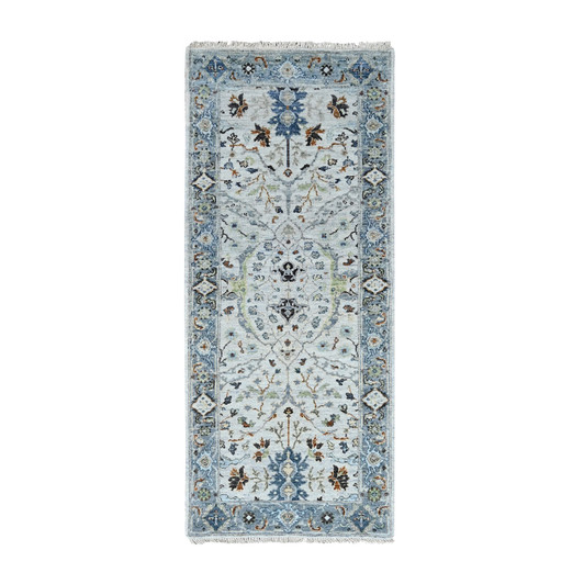 Oushak And Peshawar Wool Hand Knotted Rug Ivory Blueish Gray 2.6X5.9 -O010082