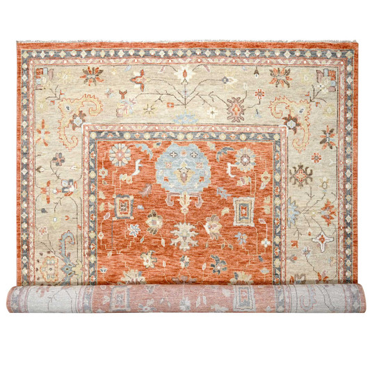 Oushak And Peshawar Wool Hand Knotted Rug Orange Camel 12.0X17.8 -O084358