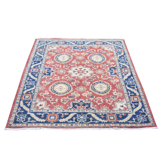 Oushak And Peshawar Wool Hand Knotted Rug Red Navy Blue 5.0X6.6 -O080078
