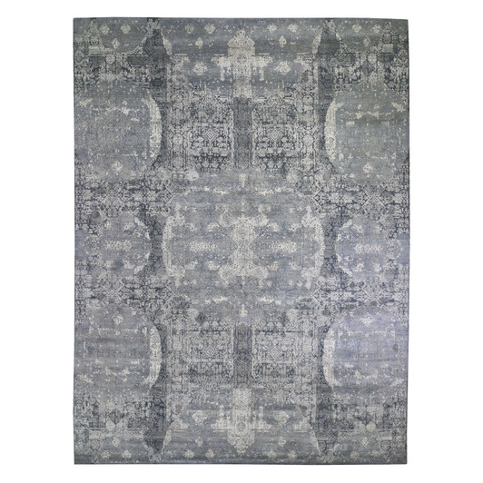 Transitional Wool & Pure Silk Hand Knotted Rug Grey No Border 12.0X15.1 -O066364