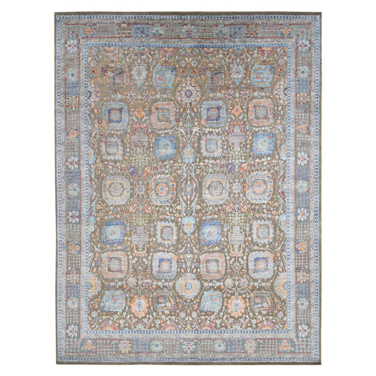 Transitional Wool & Silk Hand Knotted Rug Brown Light Blue 11.9X15.2 -O087644